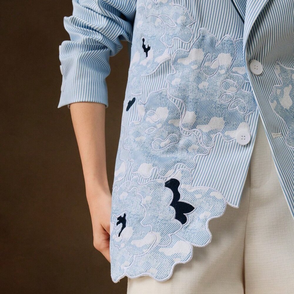 Blue And White Elegant Women's Striped Embroidery Slim Fit Blazer - Picture 7 of 8